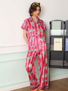 Chillnights Young Casual Colorblock Leopard & Stripe Print Loose Comfortable Tie-Up Satin Women's Pajama Set - Multicolor - View 11