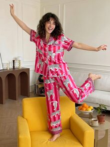 Chillnights Young Casual Colorblock Leopard & Stripe Print Loose Comfortable Tie-Up Satin Women's Pajama Set - Multicolor - View 3
