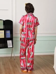 Chillnights Young Casual Colorblock Leopard & Stripe Print Loose Comfortable Tie-Up Satin Women's Pajama Set - Multicolor - View 9