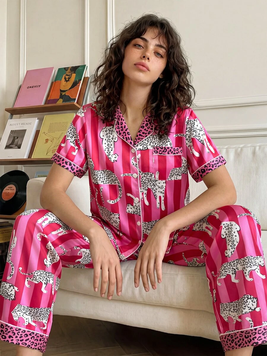 Chillnights Young Casual Colorblock Leopard & Stripe Print Loose Comfortable Tie-Up Satin Women's Pajama Set - Multicolor - View 1