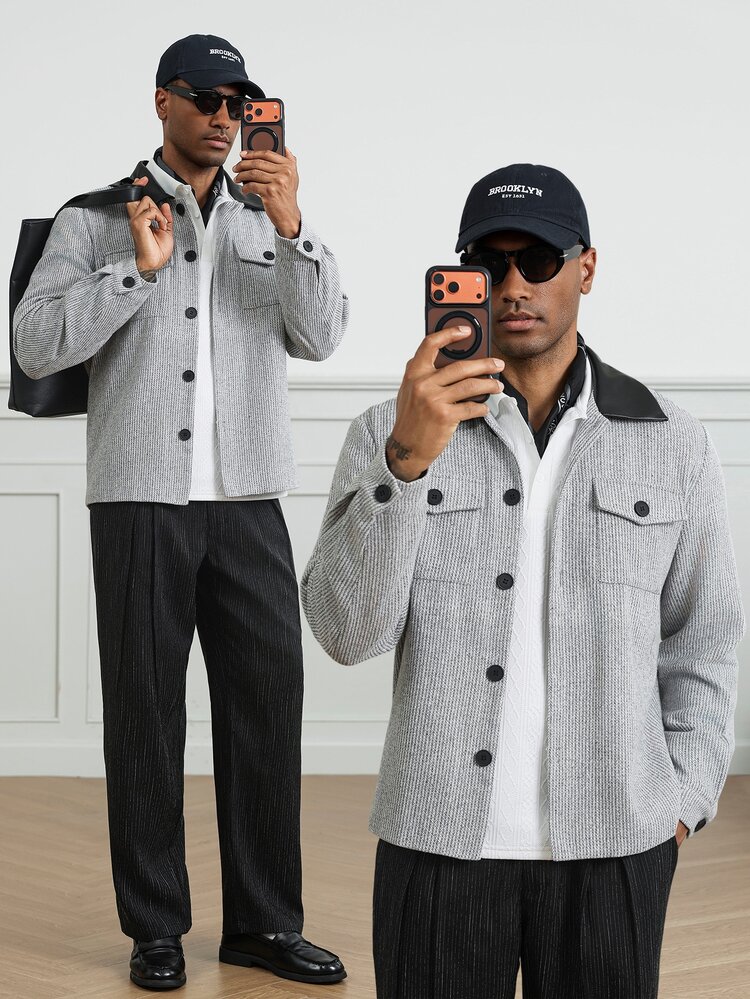 HUEFORM Men's Colorblock Striped Long Sleeve Single-Breasted Overcoat - Grey - View 1
