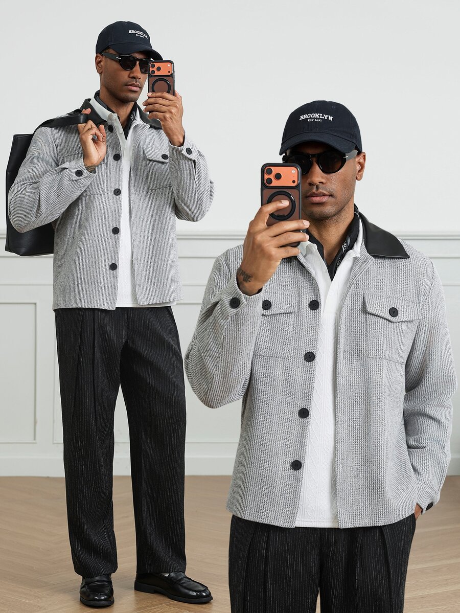 HUEFORM Men's Colorblock Striped Long Sleeve Single-Breasted Overcoat - Grey - View 1