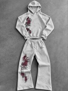 Manfinity EMRG 男士灰褐色彼岸花印花連帽衛衣與喇叭運動褲2件套，Y2K哥德風街頭休閒套裝，酒紅色彼岸花花卉印花長袖連帽運動套裝，適合外出、演唱會、節日派對 - 灰色 - 查看 4
