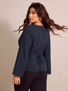 Elaquor 大尺碼女款條紋圓領喇叭袖時尚襯衫，優雅女式襯衫，適合秋冬，優雅辦公商務工作襯衫 - 藏蓝色 - 查看 3