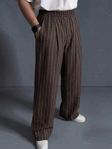 DAZY Spring/Autumn Solid Brown Striped Elastic Waist Long Straight Loose Fit Men's Pants - Brown - View 8