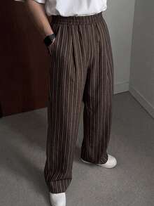 DAZY Spring/Autumn Solid Brown Striped Elastic Waist Long Straight Loose Fit Men's Pants - Brown - View 5