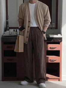 DAZY Spring/Autumn Solid Brown Striped Elastic Waist Long Straight Loose Fit Men's Pants - Brown - View 7