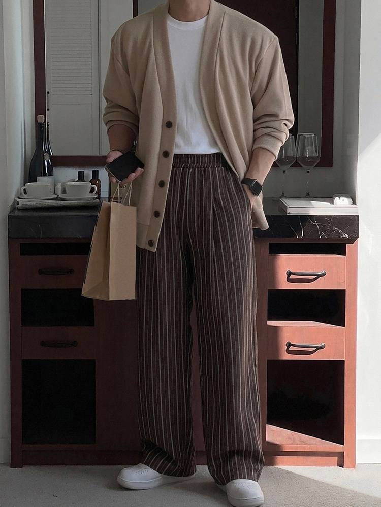 DAZY Spring/Autumn Solid Brown Striped Elastic Waist Long Straight Loose Fit Men's Pants - Brown - View 7