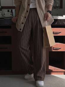 DAZY Spring/Autumn Solid Brown Striped Elastic Waist Long Straight Loose Fit Men's Pants - Brown - View 2