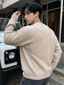 DAZY Autumn/Winter Round Neck Coffee Color Marled Side Seam Mixed Knit Long Sleeve Loose Fit Men's Sweater - Khaki - View 2
