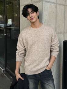 DAZY Autumn/Winter Round Neck Coffee Color Marled Side Seam Mixed Knit Long Sleeve Loose Fit Men's Sweater - Khaki - View 3