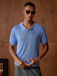 Manfinity RebelGame 男士針織時尚休閒短袖彈性修身標準肩 Polo 衫，高爾夫上衣，適合夏季、度假、日常穿著、派對、情侶穿搭，男士禮物 - 霧霾藍 - 查看 6
