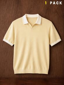 AKNOTIC 男士夏季休閒拼色拼接 Polo 衫，修身版型，紋理針織 Polo 衫，商務休閒 Polo 衫 - 淡黃色 - 查看 4