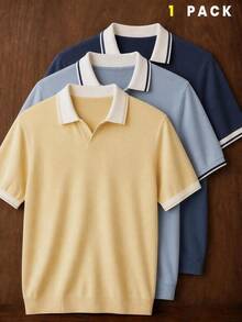 AKNOTIC 男士夏季休閒拼色拼接 Polo 衫，修身版型，紋理針織 Polo 衫，商務休閒 Polo 衫 - 淡黃色 - 查看 1