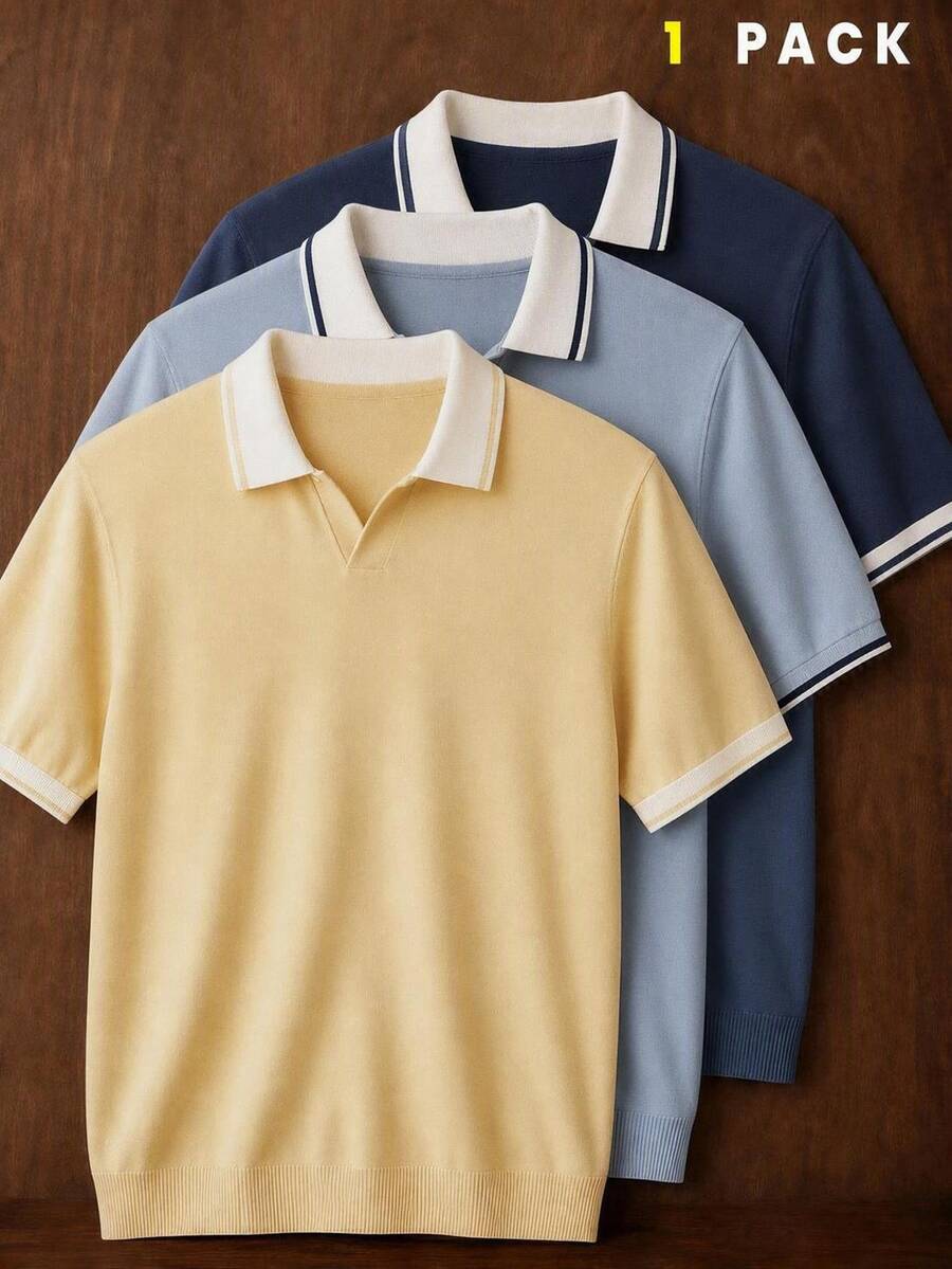 AKNOTIC 男士夏季休閒拼色拼接 Polo 衫,修身版型,紋理針織 Polo 衫,商務休閒 Polo 衫 - 淡黃色 - 查看 1