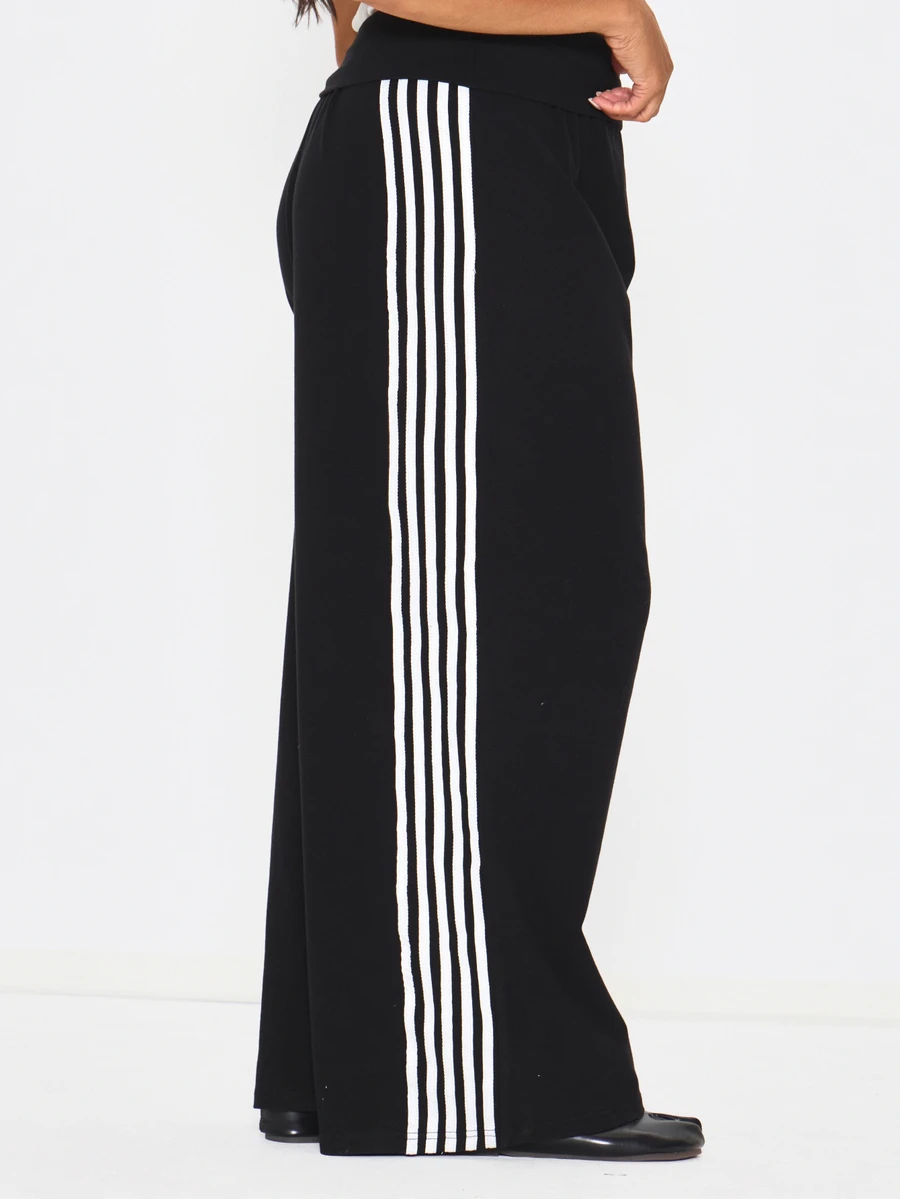 MUSERA Plus Size Black Stripe Detail Straight Leg Jogger Trousers Spring Summer Casual Everyday Day Outfit Going Out - Black and White - View 1