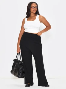 MUSERA Plus Size Black Stripe Detail Straight Leg Jogger Trousers Spring Summer Casual Everyday Day Outfit Going Out - Black and White - View 2