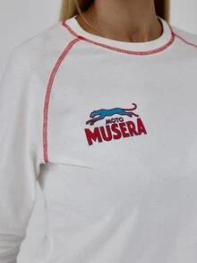 MUSERA White 3/4 Sleeve Contrast Stitch Baseball Top Autumn Winter Fall Daily Everyday Essential Blancs - White - View 6