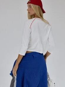 MUSERA White 3/4 Sleeve Contrast Stitch Baseball Top Autumn Winter Fall Daily Everyday Essential Blancs - White - View 5