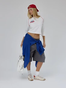 MUSERA White 3/4 Sleeve Contrast Stitch Baseball Top Autumn Winter Fall Daily Everyday Essential Blancs - White - View 3