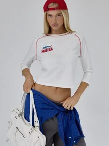 MUSERA White 3/4 Sleeve Contrast Stitch Baseball Top Autumn Winter Fall Daily Everyday Essential Blancs - White - View 2
