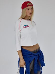 MUSERA White 3/4 Sleeve Contrast Stitch Baseball Top Autumn Winter Fall Daily Everyday Essential Blancs - White - View 4
