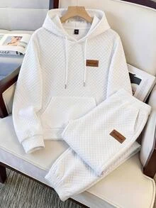 SHEIN 兒童青少年男孩休閒運動紋理提花布料白色連帽衛衣與運動長褲套裝，適合秋冬、學校、家庭聚會、度假、派對，秋季穿搭，冬季穿搭，男孩套裝兒童套裝 - 白色 - 查看 2