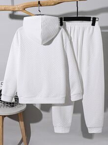 SHEIN 兒童青少年男孩休閒運動紋理提花布料白色連帽衛衣與運動長褲套裝，適合秋冬、學校、家庭聚會、度假、派對，秋季穿搭，冬季穿搭，男孩套裝兒童套裝 - 白色 - 查看 3