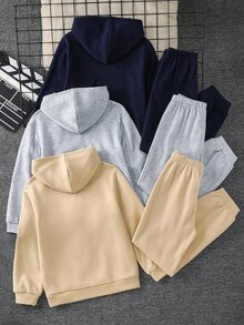 SHEIN 6件組兒童青少年男孩休閒日常百搭舒適印花徽章圖案厚實保暖內裡連帽套頭寬鬆衛衣與寬鬆慢跑褲針織兩件套，適合通勤、上學、日常休閒外出、運動，秋冬穿著 - 彩色 - 查看 3