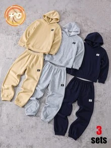 SHEIN 6件組兒童青少年男孩休閒日常百搭舒適印花徽章圖案厚實保暖內裡連帽套頭寬鬆衛衣與寬鬆慢跑褲針織兩件套，適合通勤、上學、日常休閒外出、運動，秋冬穿著 - 彩色 - 查看 2