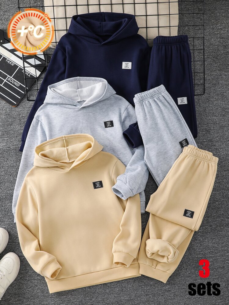 SHEIN 6pcs Kids Tween Boy Casual Daily Versatile Comfortable Printed Badge Pattern Thick Thermal Lined Hooded Pullover Loose Sweatshirt And Loose Jogger Pants Knit 2 Pieces Set Thick Thermal Lined Sweatshirt Set Suitable For Commuting, School, Daily Casual Outings, Sports, Autumn/Winter - Multicolor - View 1