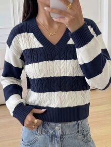 SHEIN 青少年女孩秋冬款寬鬆休閒學院風時尚針織紋理提花條紋V領長袖加厚套頭毛衣 - 藏蓝色 - 查看 1