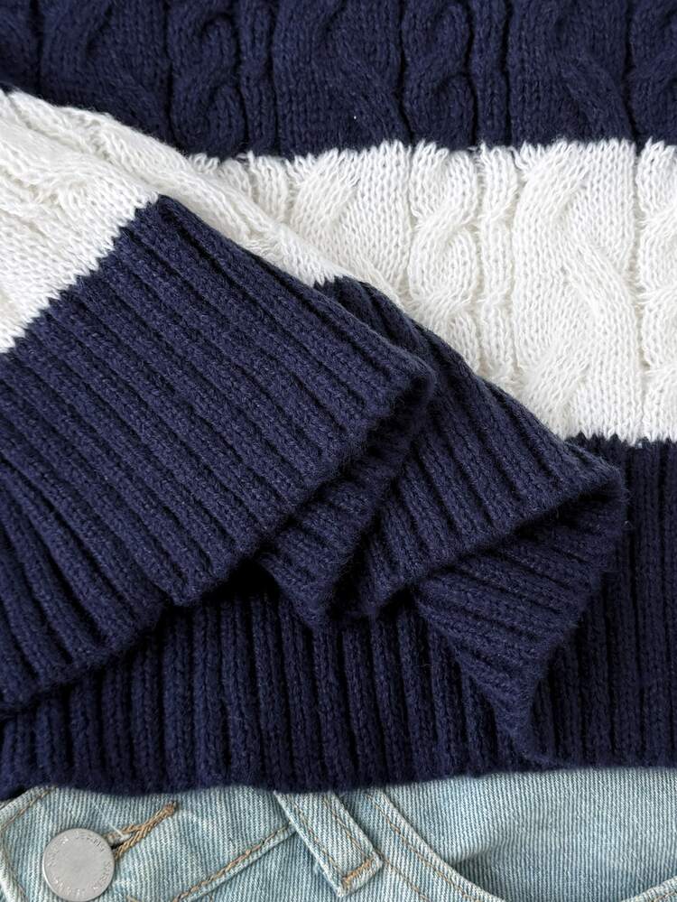 SHEIN Teen Girl Teen Girl Autumn/Winter Loose Casual College Style Fashion Knit Textured Jacquard Striped V-Neck Long Sleeve Thick Pullover Sweater - Navy Blue - View 8