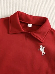 SHEIN 2件組男童休閒舒適百搭純色 Polo 領長袖運動衫與長褲套裝，刷毛加厚面料，男童校園穿搭服飾 - 酒紅色 - 查看 4