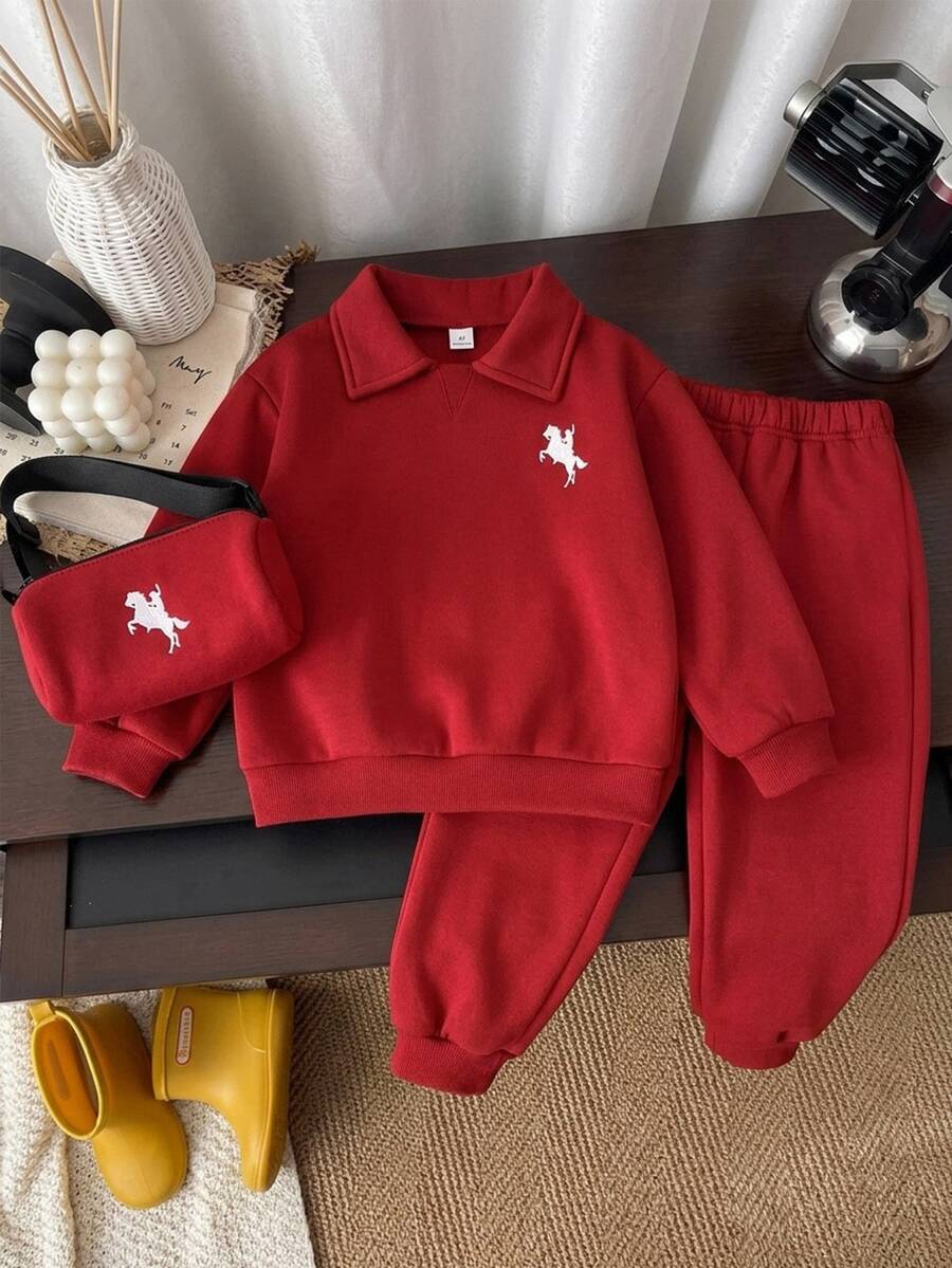 SHEIN 2件組男童休閒舒適百搭純色 Polo 領長袖運動衫與長褲套裝,刷毛加厚面料,男童校園穿搭服飾 - 酒紅色 - 查看 1