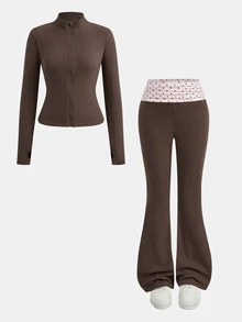 Girlism Teen Girl Tween Girls 2pcs Autumn/Winter Slim Fit Long Sleeve Jacket & Polka Dot Contrast Color Flared Pants Set, Suitable For Daily Commute, Running, Cycling, Outdoor Activities - Coffee Brown - View 3