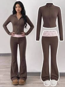Girlism Teen Girl Tween Girls 2pcs Autumn/Winter Slim Fit Long Sleeve Jacket & Polka Dot Contrast Color Flared Pants Set, Suitable For Daily Commute, Running, Cycling, Outdoor Activities - Coffee Brown - View 1