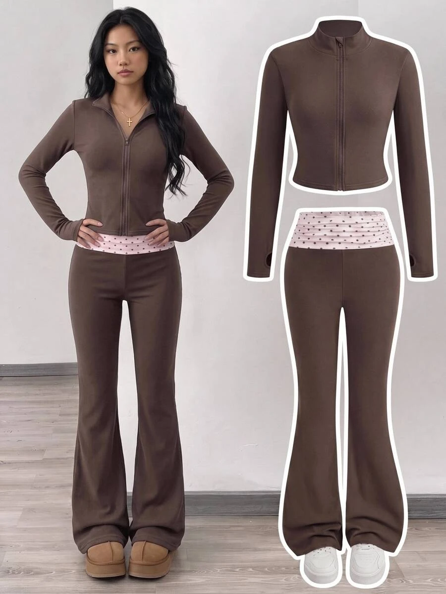 Girlism Teen Girl Tween Girls 2pcs Autumn/Winter Slim Fit Long Sleeve Jacket & Polka Dot Contrast Color Flared Pants Set, Suitable For Daily Commute, Running, Cycling, Outdoor Activities - Coffee Brown - View 1