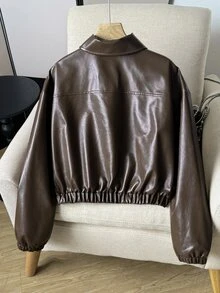 Girlism 青少年女孩摩托車PU皮革夾克 寬鬆版型 高級咖啡棕色復古外套 小眾優雅皮革大衣 - 咖啡棕 - 查看 2
