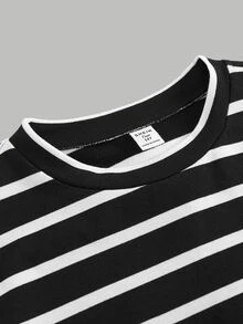 SHEIN Kids Teen Girls T-Shirts Spring Autumn Winter New 2 In 1 Black Patchwork Striped Crew Neck Loose Long Sleeve T-Shirt Back To School Casual - Black and White - View 7