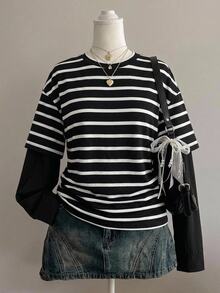 SHEIN Kids Teen Girls T-Shirts Spring Autumn Winter New 2 In 1 Black Patchwork Striped Crew Neck Loose Long Sleeve T-Shirt Back To School Casual - Black and White - View 3