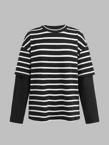 SHEIN Kids Teen Girls T-Shirts Spring Autumn Winter New 2 In 1 Black Patchwork Striped Crew Neck Loose Long Sleeve T-Shirt Back To School Casual - Black and White - View 5