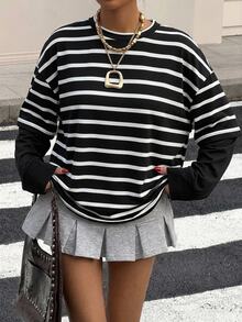 SHEIN Kids Teen Girls T-Shirts Spring Autumn Winter New 2 In 1 Black Patchwork Striped Crew Neck Loose Long Sleeve T-Shirt Back To School Casual - Black and White - View 4