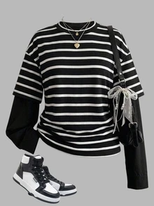 SHEIN Kids Teen Girls T-Shirts Spring Autumn Winter New 2 In 1 Black Patchwork Striped Crew Neck Loose Long Sleeve T-Shirt Back To School Casual - Black and White - View 1