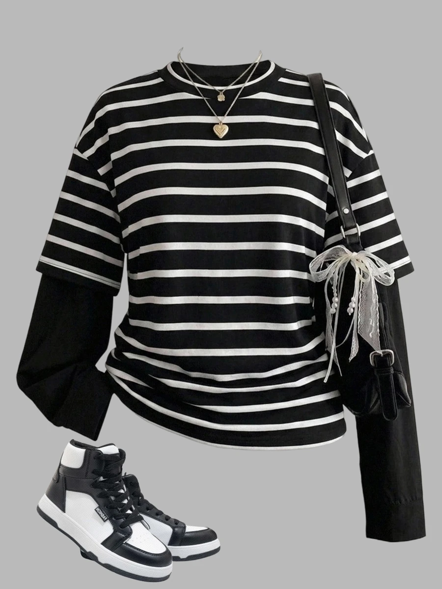 SHEIN Kids Teen Girls T-Shirts Spring Autumn Winter New 2 In 1 Black Patchwork Striped Crew Neck Loose Long Sleeve T-Shirt Back To School Casual - Black and White - View 1