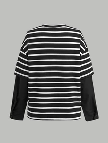 SHEIN Kids Teen Girls T-Shirts Spring Autumn Winter New 2 In 1 Black Patchwork Striped Crew Neck Loose Long Sleeve T-Shirt Back To School Casual - Black and White - View 2