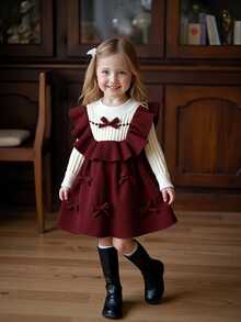 SHEIN Kids Young Girl Young Girl Two Tone Bow Front Ruffle Trim 2 In 1 Sweater Autumn Winter Dress - Burgundy - View 4