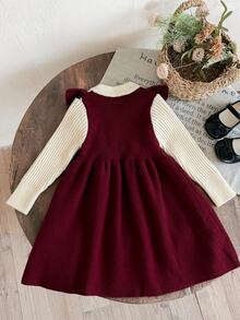 SHEIN Kids Young Girl Young Girl Two Tone Bow Front Ruffle Trim 2 In 1 Sweater Autumn Winter Dress - Burgundy - View 5