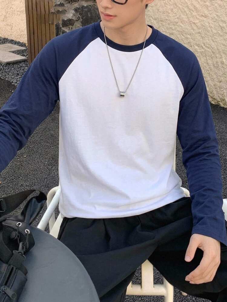 SHEIN Teen Boys Casual Long Sleeve T-Shirt, Sports Street Punk Rock College Style, Suitable For Daily Wear, Outings, Parties, Music Festivals, All Seasons - Navy Blue - View 1