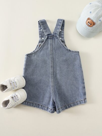 SHEIN Baby Boy Baby Girl Summer Casual Cute Denim Overalls Bear Overalls Cute Overalls